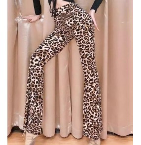 Women girls black leopard flare leg  latin ballroom dance trousers stage performance modern dance practice long trousers